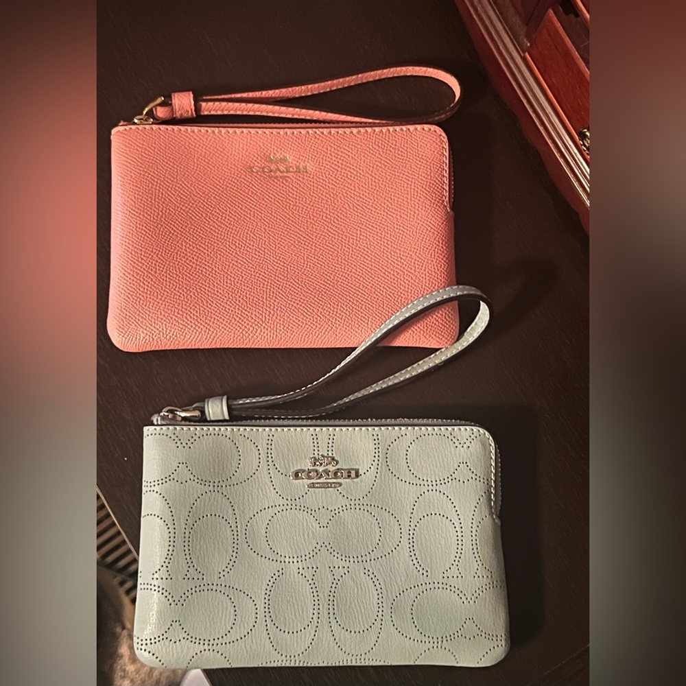 2 Coach Seafoam & Pink Corner Zip Wristlets